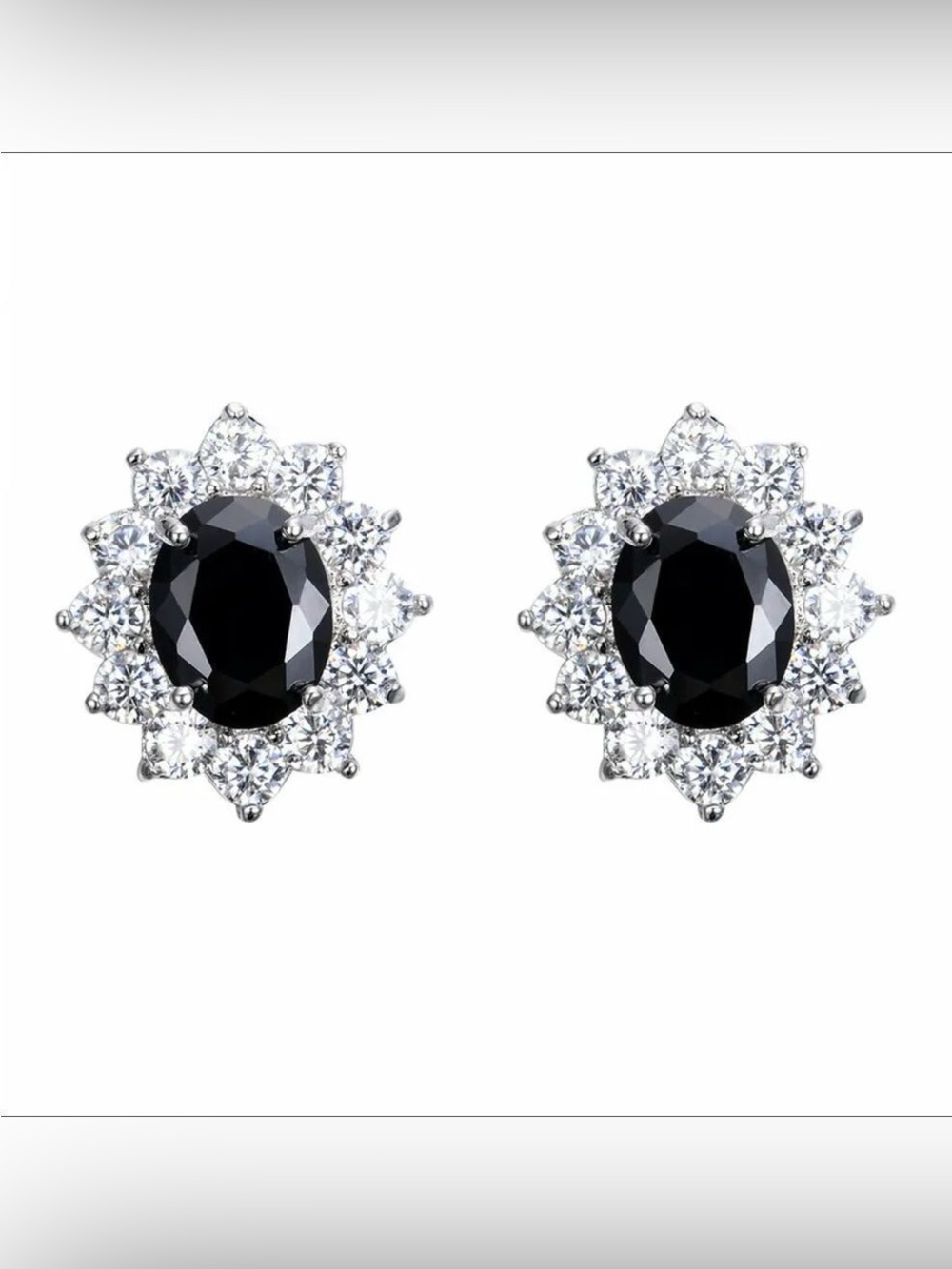 Black Oval Halo Stud Earrings Silver Tone Clear Stone Vintage Style Studs